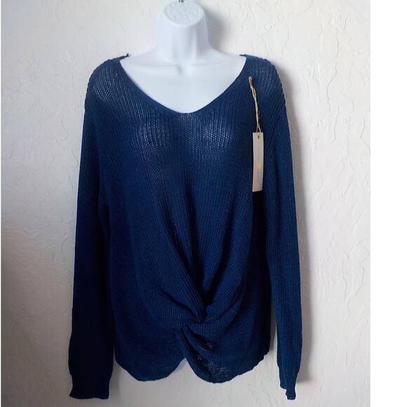 Woven Heart Women XL Blue Sweater V-Neck Front Twist Knot Loose Knit Long Sleeve - Picture 10 of 10